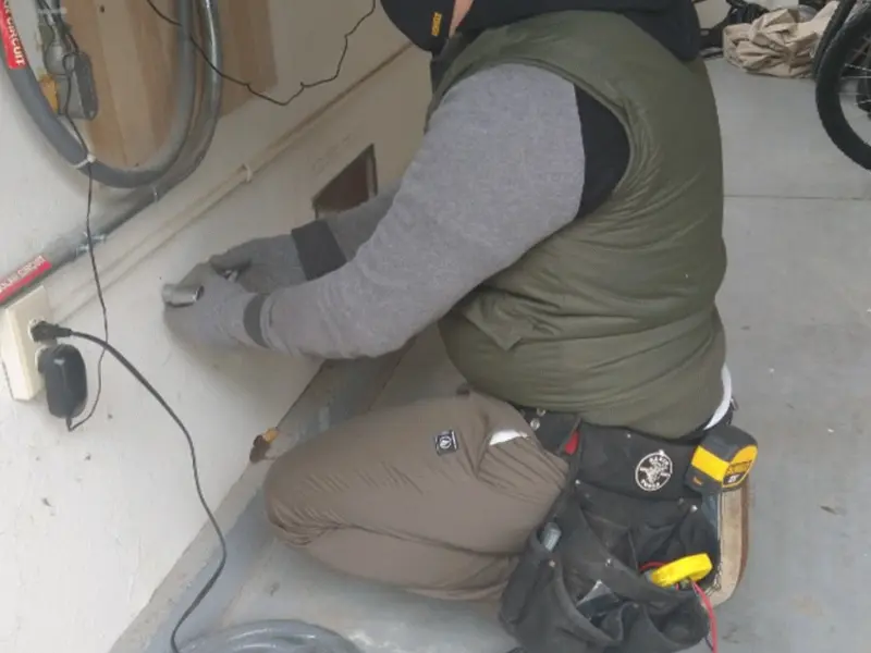 Electrician performing outlet wiring in a Roseville garage
